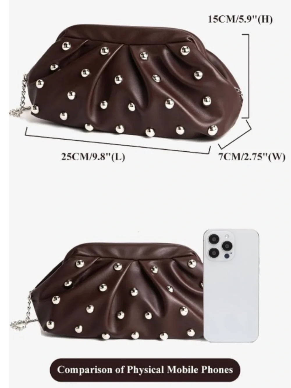 Luxe Studded Draped Leather Clutch in Rich Chocolate Brown